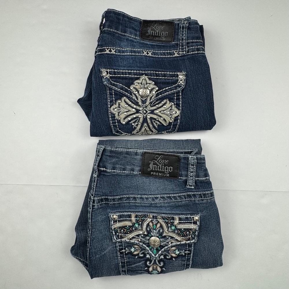 Love Indigo Capri Jeans Size 6 Cotton Blend Y2K Boho Rhinestone Bundle 2 Pairs